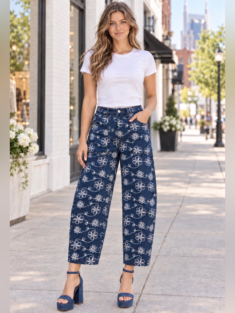 NEW blue b Dark Wash Embroidered Floral Flower Print Retro Barrel Denim Jeans